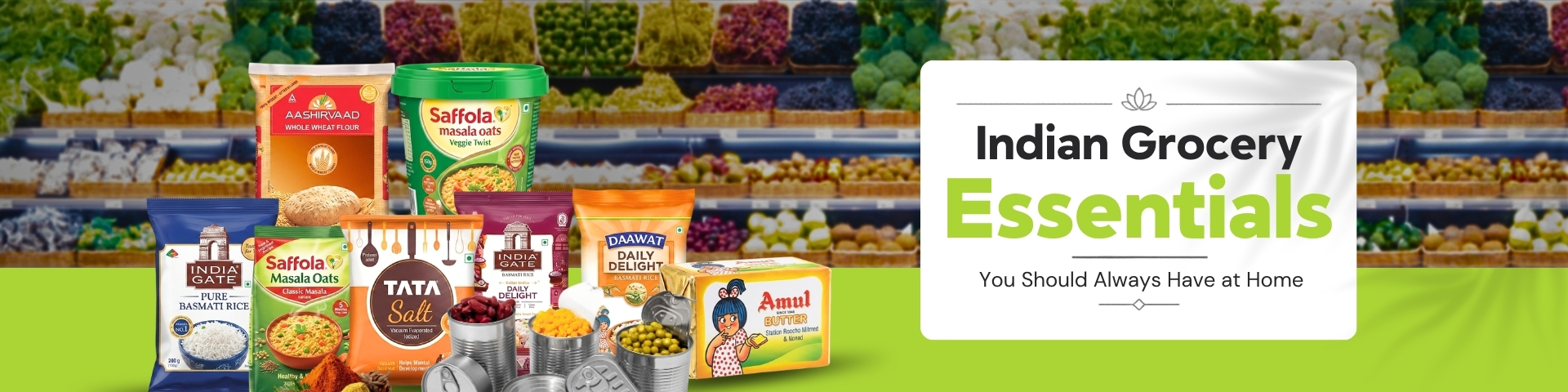 Indian kitchen groceries with spices, rice, lentils, and cooking essentials